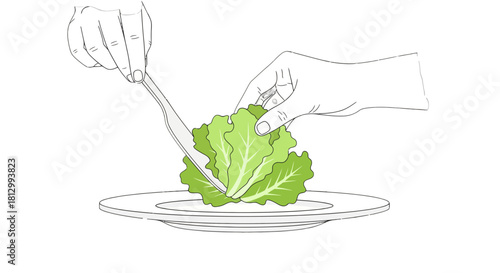 Fresh Salad Preparation With Hands and Utensils on Plate Minimalistic Artwork
