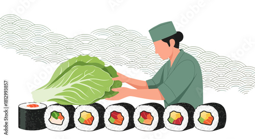 Fresh Sushi Preparation: A Culinary Artisan Crafting Delicious Japanese Cuisine