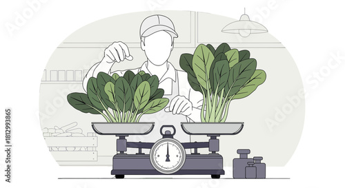 Fresh Spinach Weighing By a Grocer in a Market for Healthy Nutrition and Sales