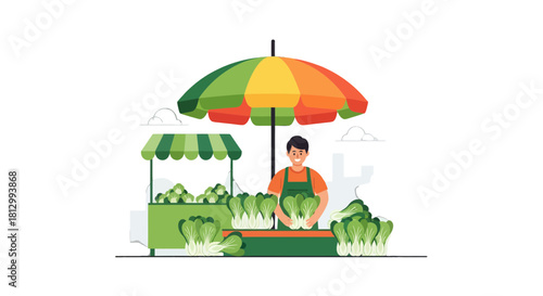 Fresh Vegetable Market Stand Illustration With Vendor And Bok Choy Under Colorful Umbrella