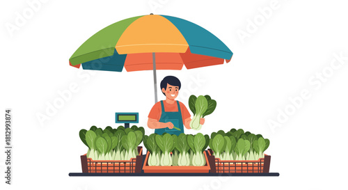 Fresh Vegetable Vendor: Cartoon Illustration Of a Farmer Selling Bok Choy at the Market
