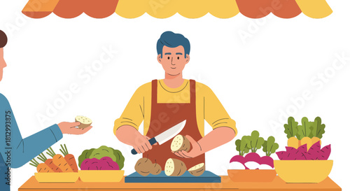 Fresh Vegetable Market Vendor Cutting Potatoes and Selling to a Customer in This Illustration