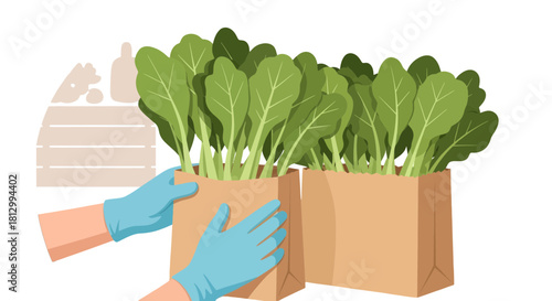 Freshly Harvested Vegetables In Paper Bags Being Prepared, Food Delivery Concept
