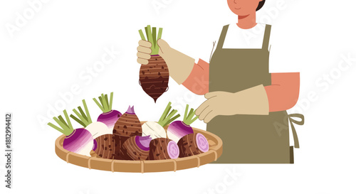 Freshly Harvested Vegetable Display Featuring Farmer with Diverse Root Vegetables and Basket
