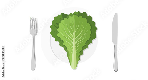 Fresh Lettuce On Plate With Stainless Steel Utensils on Black Backdrop