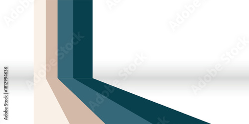 Abstract background with three-dimensional blue and beige stripes forming a corner on a white reflective surface.