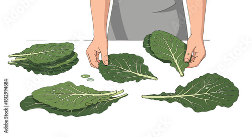 Freshly Prepared Green Harvest Showing Harvested Greens with Hand Holding Leaves