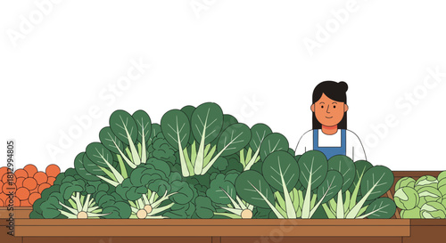 Fresh Produce Display: Vegetable Seller Stands Behind a Bounty of Green Groceries