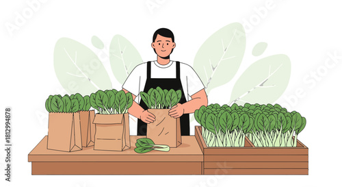 Fresh Produce Farmer Displaying Harvest Of Verdant Greens At The Market