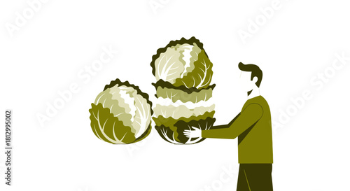 Fresh Produce: Farmer Presenting Stacked Cabbage Heads With Black Background Illustration