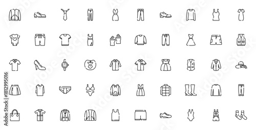 1920s clothing vector set. Vintage fashion icons. Inludes symbols for casual war, baby bib, beach attire accessories, bad weather ear and more. Editable strke illustration.