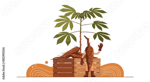 Friendly Cassava Root Character Welcomes With Cassava Plant and Roots in Wood Crate
