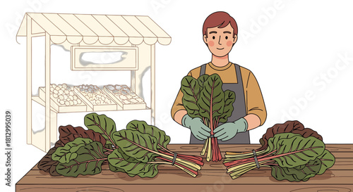 Fresh Produce Farmer Stands At His Market Stall Presenting Colorful Swiss Chard Bundles