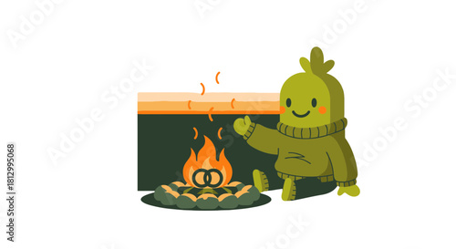Friendly Creature Enjoying Warmth Cozy Fireplace, Adorable Cartoon Vector Illustration