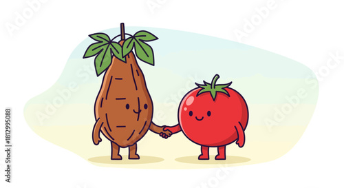 Friendly Fruits: Cassava and Tomato Characters Shaking Hands in Animated Style