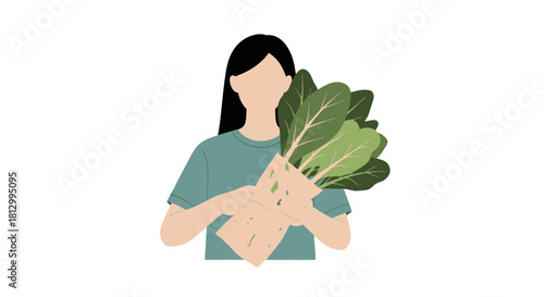 Fresh Produce Illustration: Person Holding a Bundle of Green Leafy Vegetables