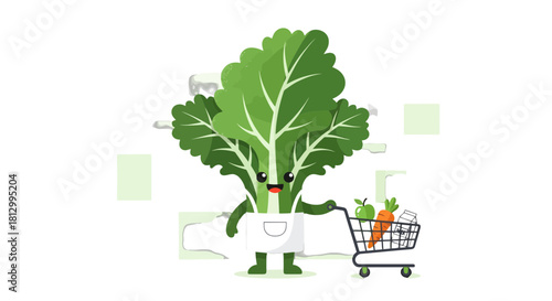 Friendly Green Leafy Vegetable With Smile, Shopping a Shopping Cart Full of Groceries
