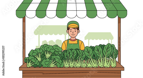 Fresh Produce Stall Displaying Broccoli and Bok Choy with Vendor at Farmers Market