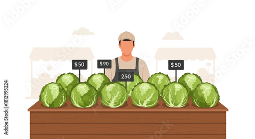 Fresh Produce Stall Displaying Heads Of Cabbage Purchased At Varying Price Points.