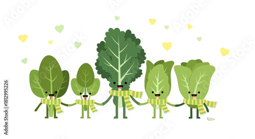 Friendly Green Vegetable Characters with Scarves Sharing Affectionate Moments Together