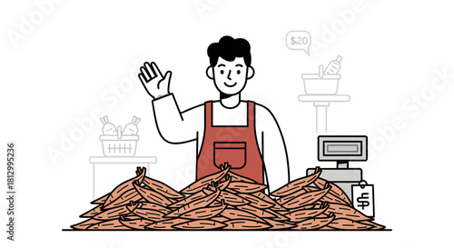 Friendly Grocer Smiling And Waving Behind Fresh Produce Display With Pricing