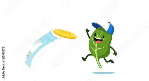 Friendly Leaf Character Playing Frisbee Enjoying Outdoor Games in Playful Scene