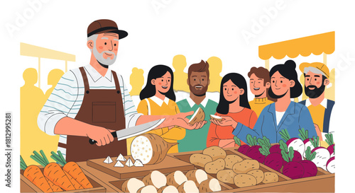 Fresh Produce Vendor at Farmer's Market Slicing Root Vegetables for Customers to Sample