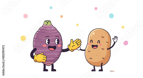 Friendly Root Vegetables Giving High Five Against a Black Background, Happiness, Playful