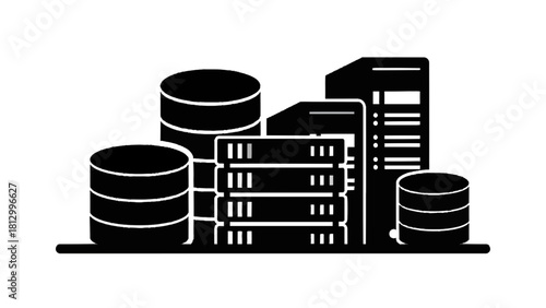 Vector illustration of black and white icon representing database server rack and data storage cylinder stack isolated on transparent background