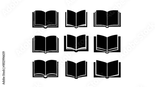Vector illustration of collection of nine black open book icons in various styles isolated on transparent background 