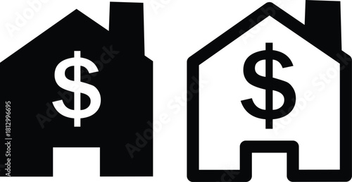 House with dollar sign icon set in editable stroke, Real Estate House Price,Black house icon with a white dollar sign white background.
