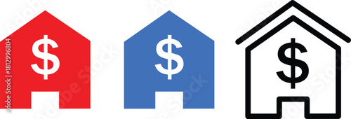 House with dollar sign icon set in editable stroke, Real Estate House Price,Black house icon with a white dollar sign white background.
