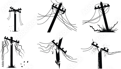 Broken electricity poles illustration set, damaged power lines vector collection, electrical infrastructure collapse icons, utility pole destruction graphics, silhouette design