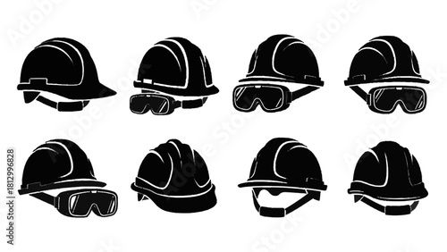 Vector illustration of set of eight black silhouette icons representing various safety hard hat designs with optional safety goggle combinations isolated on transparent background 