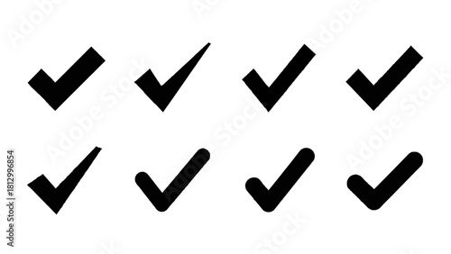 Vector illustration of set of eight black check mark icons in various styles and sizes isolated on transparent background 