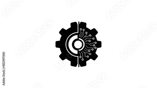 Vector illustration of black and white icon representing the fusion of mechanical gear and digital circuit board technology isolated on transparent background 