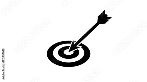 Vector illustration of black and white icon of an arrow hitting the bullseye of a target, isolated on transparent background 