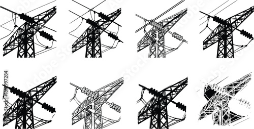 Close-up illustration of high voltage power transmission tower structures, electrical grid infrastructure details, industrial energy line artwork for utility design