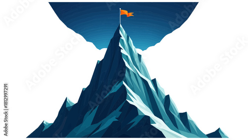 Vector illustration of illustration of a snowy mountain peak with an orange flag planted at the summit against a dark blue sky on transparent background