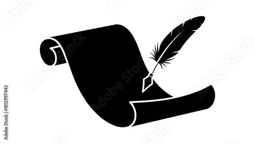 Vector illustration of black silhouette of a rolled parchment scroll with a quill pen resting on it, isolated on transparent background 
