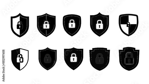 Vector illustration of set of ten black and white shield icons with padlock symbol representing security and protection on transparent background