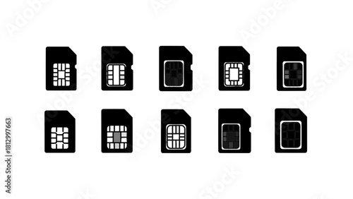 Vector illustration of collection of ten different black silhouette icons representing various sizes of sim card isolated on transparent background 