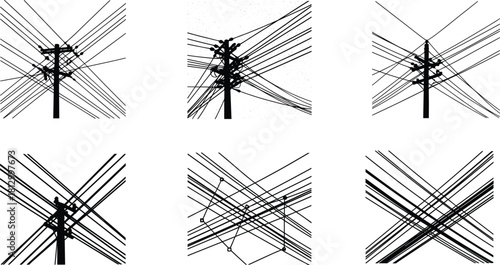 Complex overhead power line intersection with utility pole silhouette, high voltage cables, electrical grid structure, chaotic wire network illustration, black and white