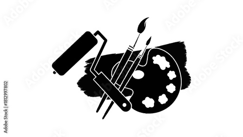 Vector illustration of black and white icon set of painting tools including roller brush and artist palette isolated on transparent background