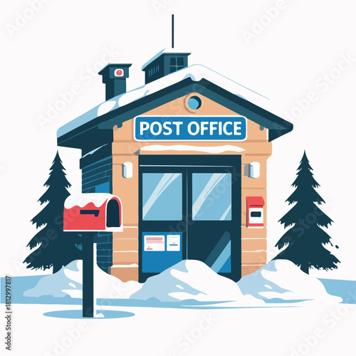 winter post office building with snow piles, mailbox silhouette outside