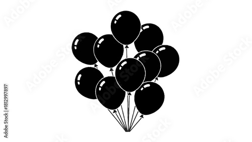 Vector illustration of a bunch of black balloons tied together with string, isolated on transparent background 