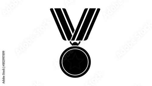 Vector illustration of black and white silhouette icon of a medal with a star hanging from a striped ribbon, isolated on transparent background 