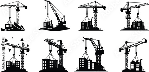 Construction crane silhouettes lifting building structures, industrial machinery illustration set showing tower cranes and mobile cranes at urban development sites
