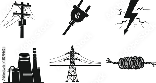 Electric power industry icons featuring utility poles, plug connector, lightning bolt, power plant, transmission tower, and coiled electrical cable in bold silhouette style