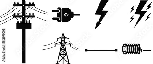 Electric power infrastructure icons featuring utility poles, plug connector, lightning bolts, transmission tower, straight cable, and coiled wire in bold black silhouette style